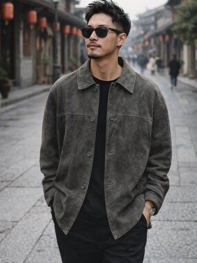 Britches Men’s Green Suede Leather Jacket L Button Front Oversized Coat